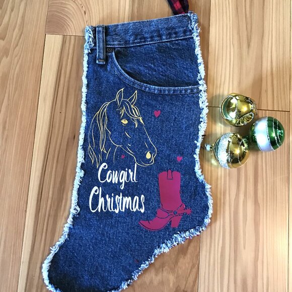 Denim Christmas Stocking w/Pocket: Cowgirl Christmas Horse Boot Graphics, S-M - Picture 2 of 9